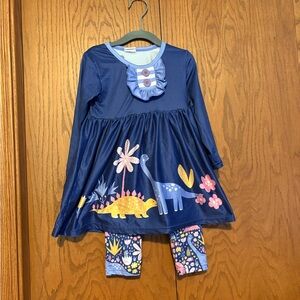Navy Blue Dinosaur Dress with Leggings